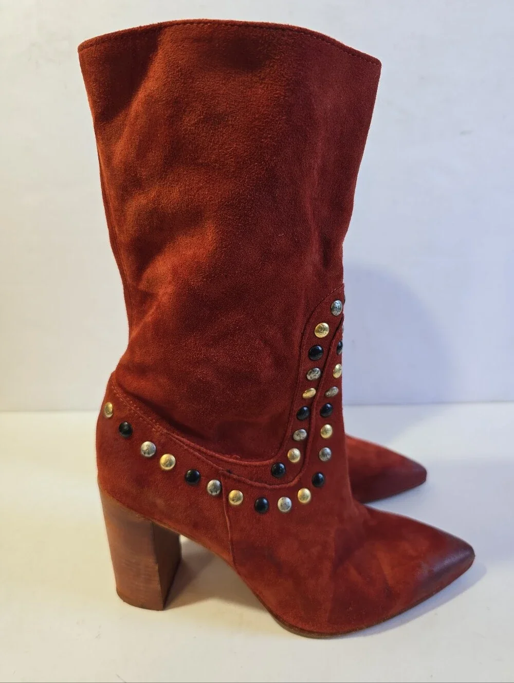 Free People Dakota Womens Rust Red Suede Studded Mid-Calf Boots Size 37